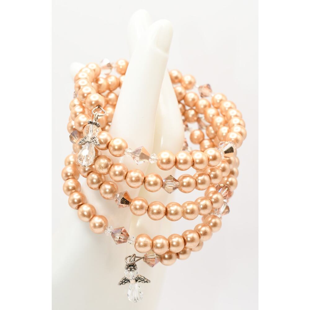 Gold Faux Pearl Memory Wire Bracelet 5 Strand w Crystal Angel Charms